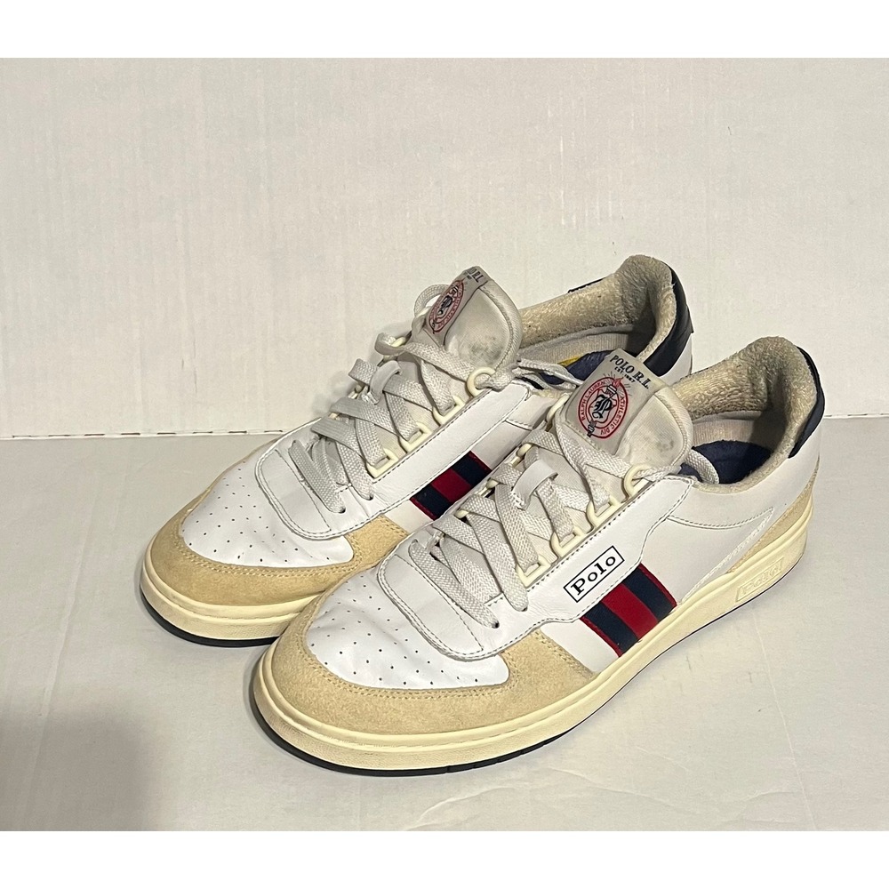 Polo Ralph Lauren Court 100 White Navy Red Leather Sneakers Shoes Men's Size 10